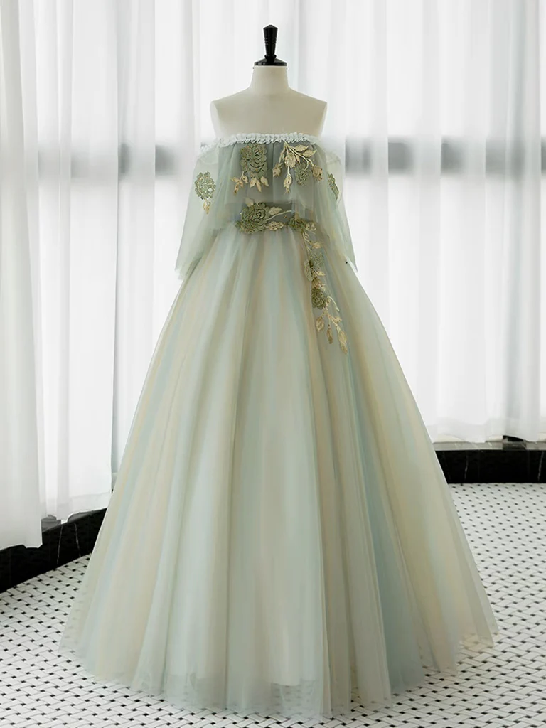 A-Line Green Tulle Lace Long Prom Dress, Green Tulle Lace Long Formal Dress - Deanwangkt