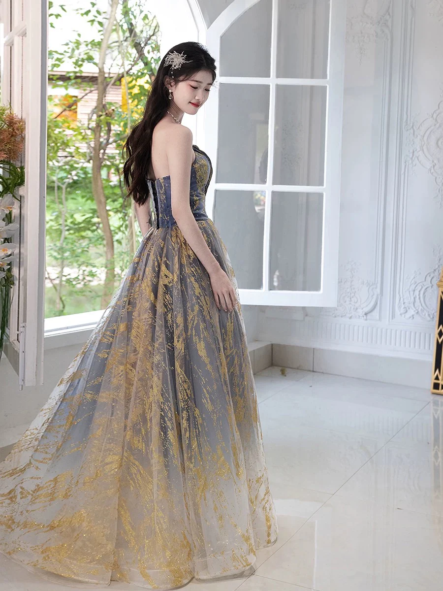 A-Line Tulle Gold/Blue Long Prom Dress, Blue Formal Evening Dress - Deanwangkt