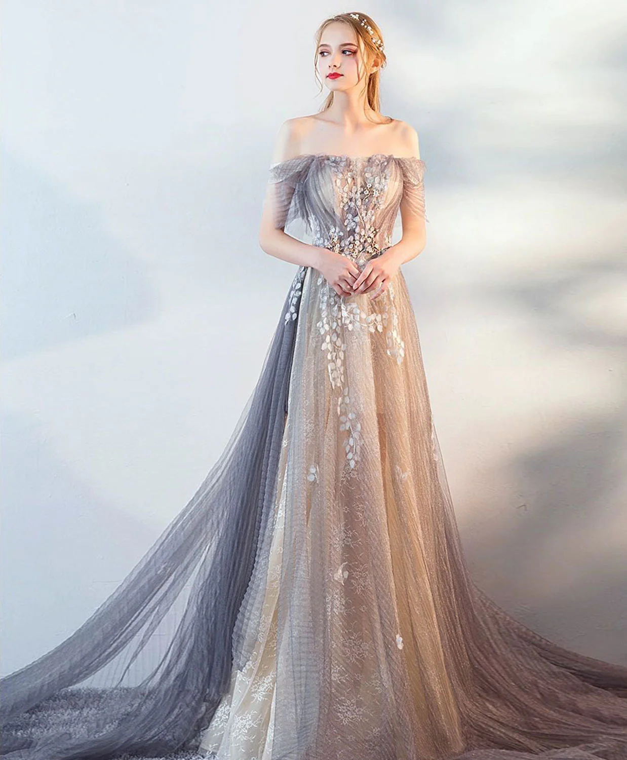 Gray Tulle Lace Long Prom Dress, Gray Tulle Lace Evening Dress - Deanwangkt