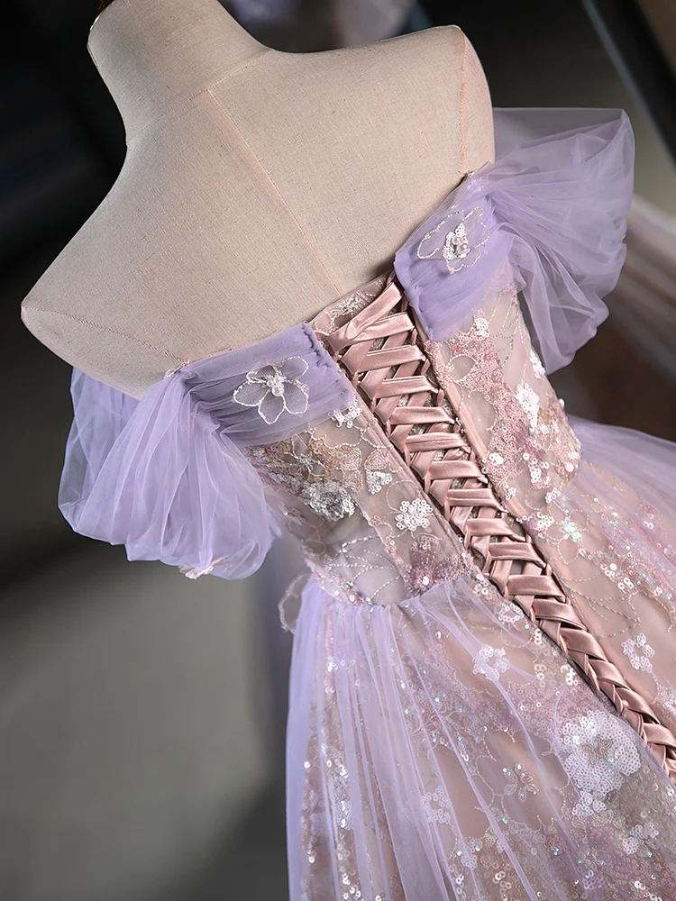 A-Line Off Shoulder Tulle Lace Purple Short Prom Dress, Cute Purple Homecoming Dress - Deanwangkt