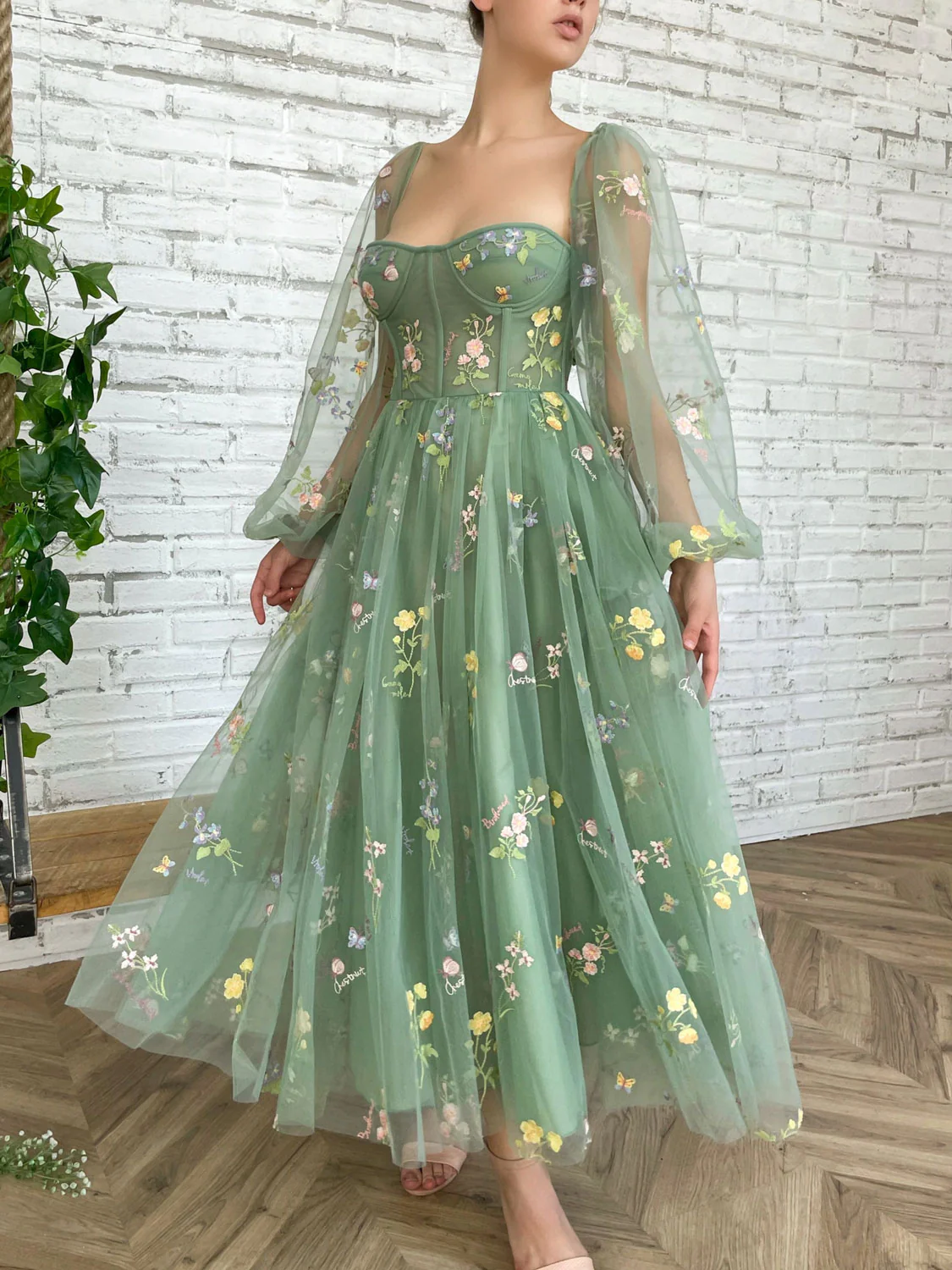 Elegant Long Sleeves Tulle Tea Length Puffy Green Prom Dress, Green Bridesmaid Dresses - Deanwangkt