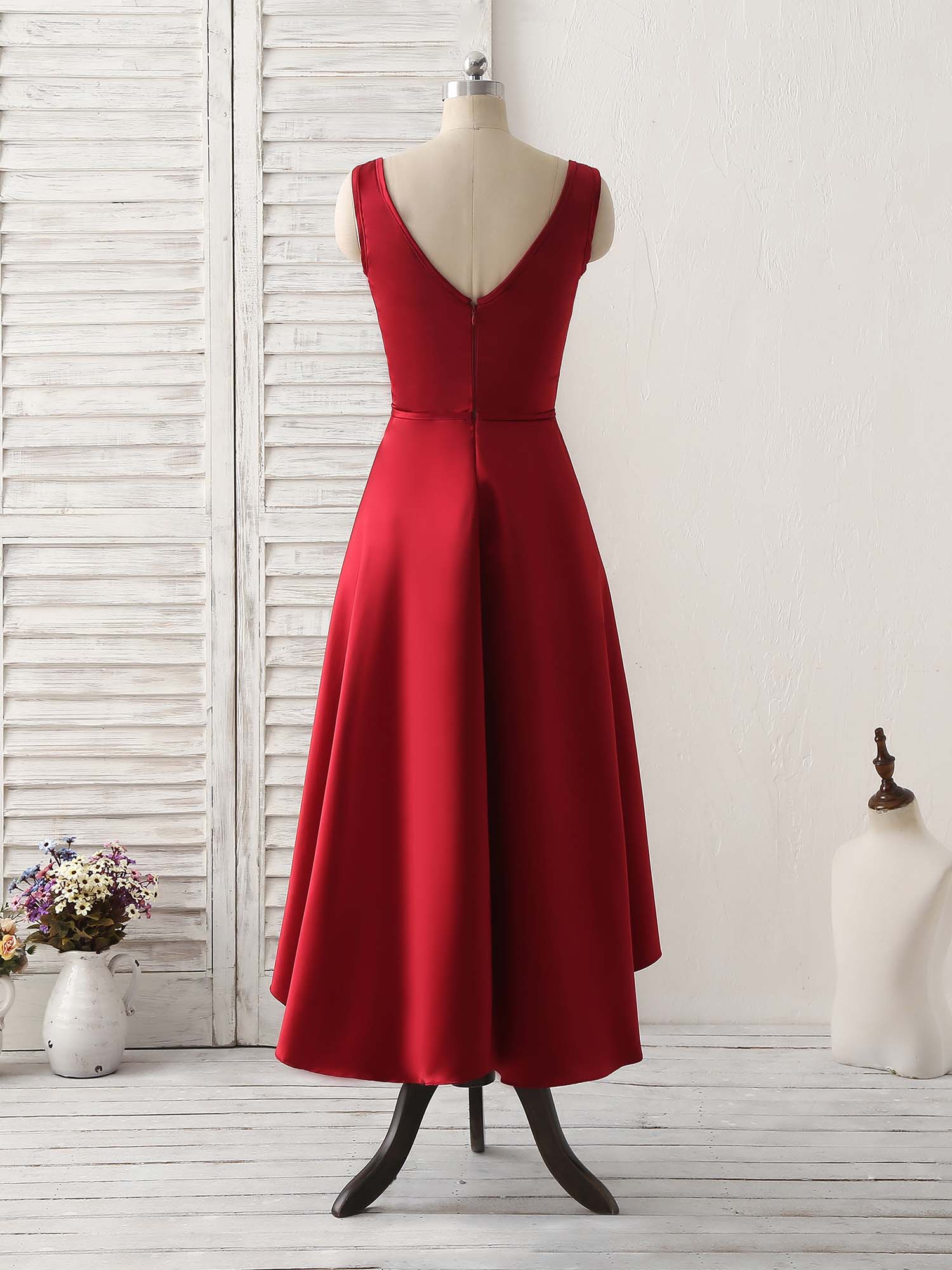 Simple V Neck High Low Prom Dress Burgundy Evening Dress - Deanwangkt