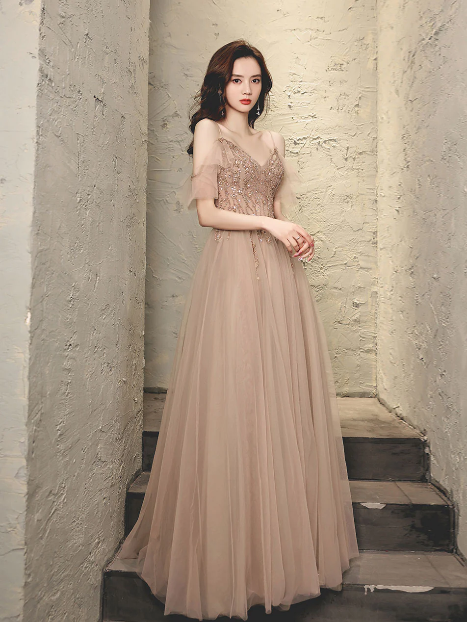 Champagne V Neck Tulle Beads Long Prom Dress, Champagne Evening Dress - Deanwangkt