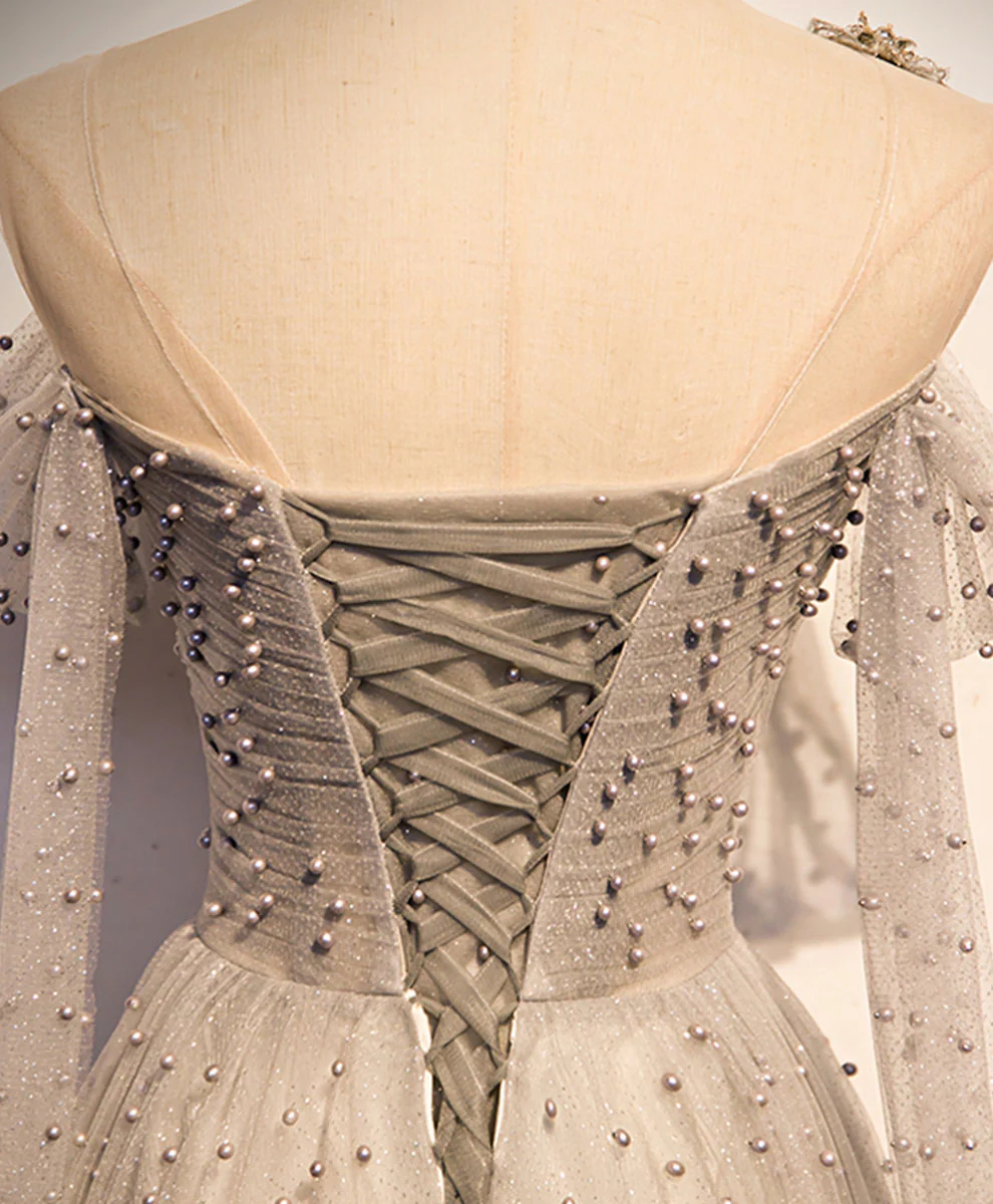 Gray Tulle One Shoulder Long Prom Dress, Gray Formal Graduation Dresses with Beading - Deanwangkt