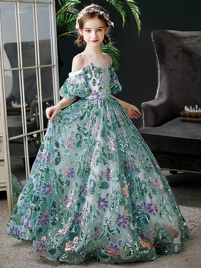 A-Line Scoop Neckline Sequin Lace Tulle Green Long Flower Girl Dress - Deanwangkt