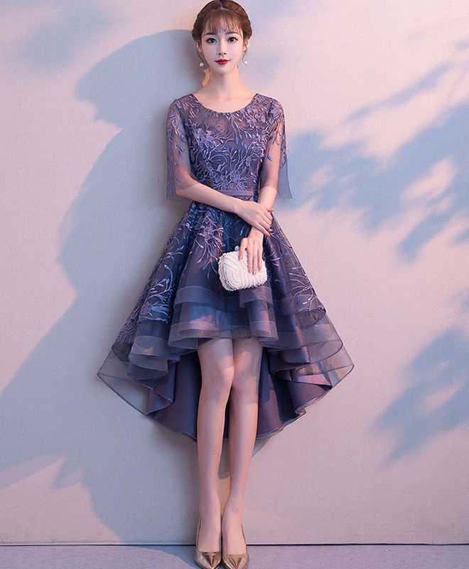 Purple Tulle Lace Short Prom Dress, Purple Evening Dress - Deanwangkt