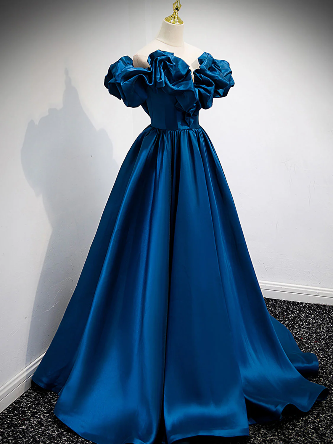 A-Line Off Shoulder Satin Blue Long Prom Dress, Blue Evening Dresses - Deanwangkt