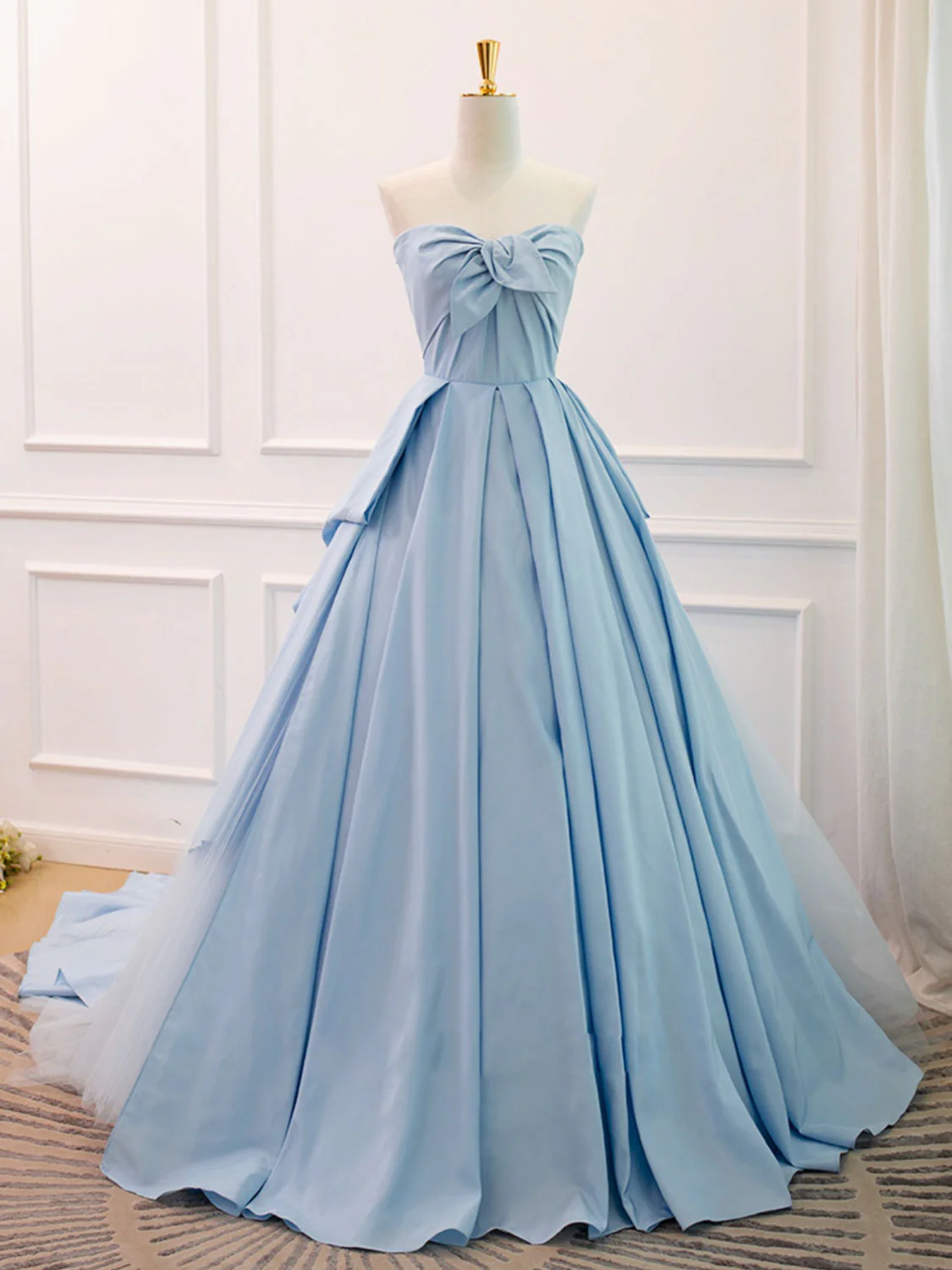 A-Line Sweetheart Neck Satin Tulle Blue Long Prom Dress, Blue Evening Dress - Deanwangkt