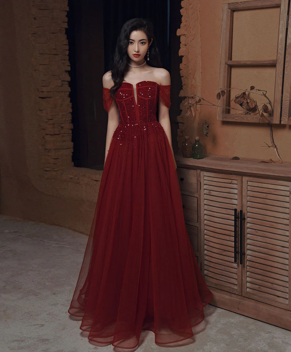 Burgundy Sweetheart Tulle Sequin Long Prom Dress Burgundy Formal Dress - Deanwangkt