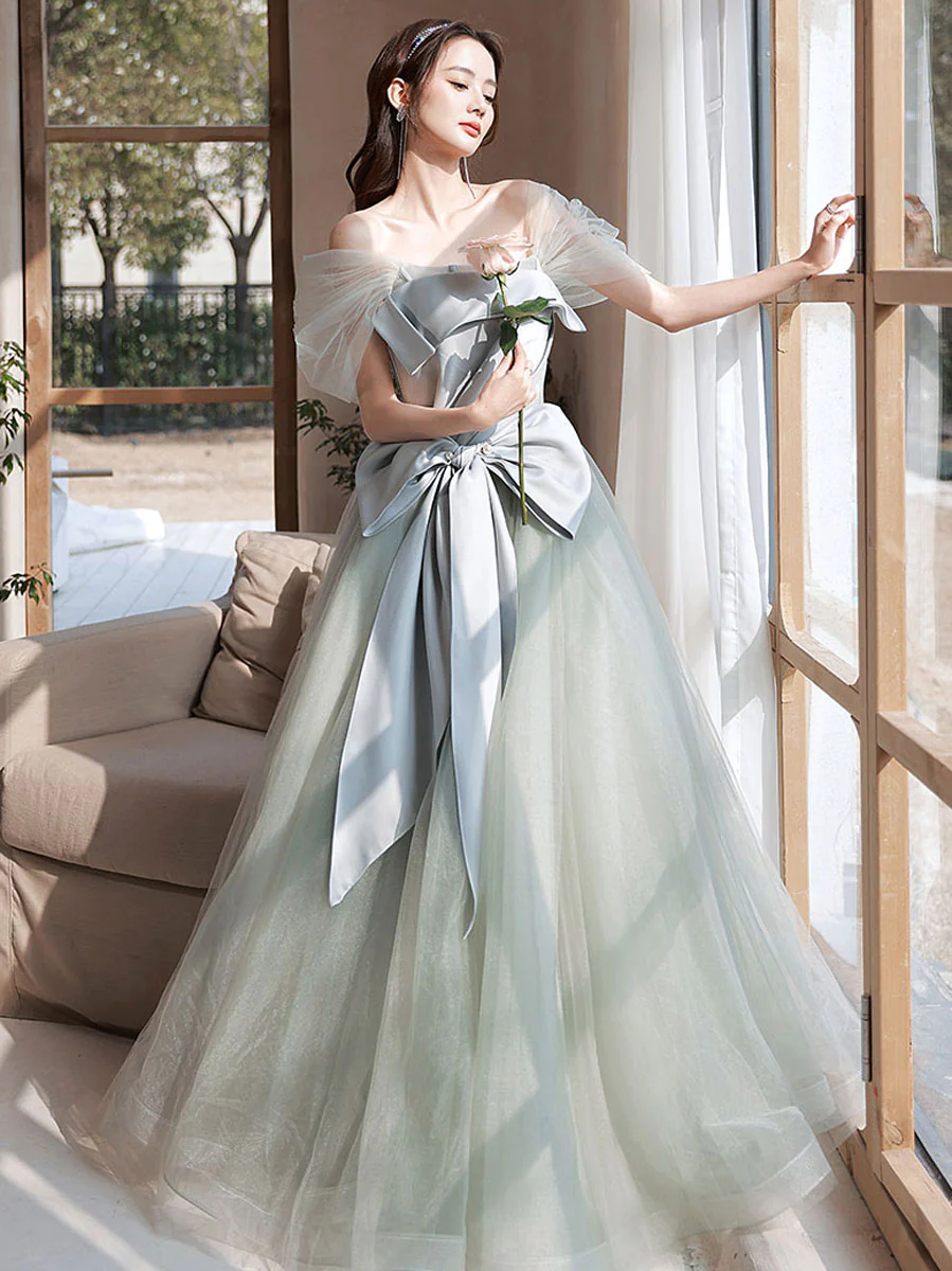 Gray Green Tulle Long Prom Dresses, Tulle Formal Graduation Dresses - Deanwangkt