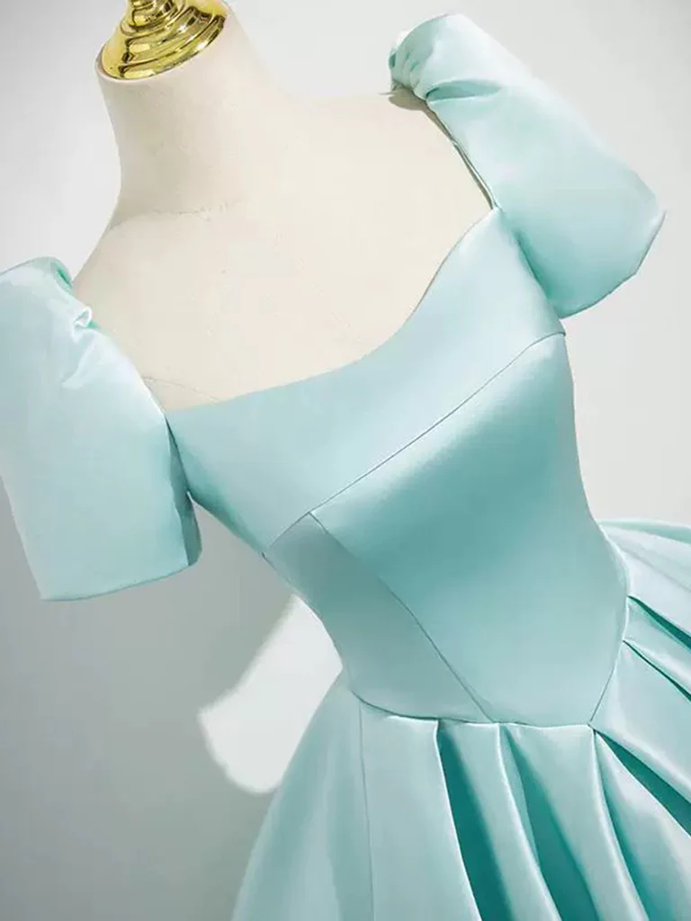 A-Line Puff Sleeves Satin Mint Blue Long Prom Dress, Mint Blue Long Formal Dress - Deanwangkt