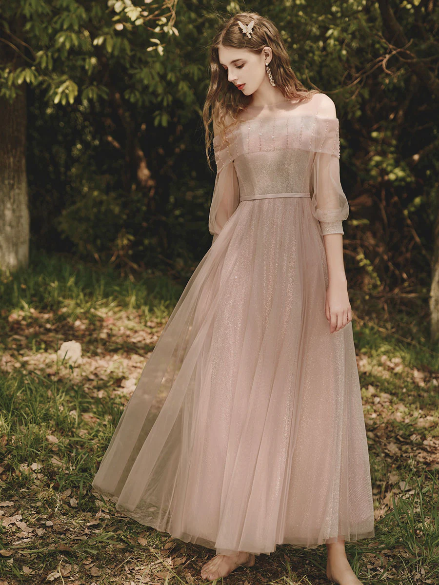 Pink Tulle Tea Length Prom Dress, Pink Tulle Formal Dress - Deanwangkt