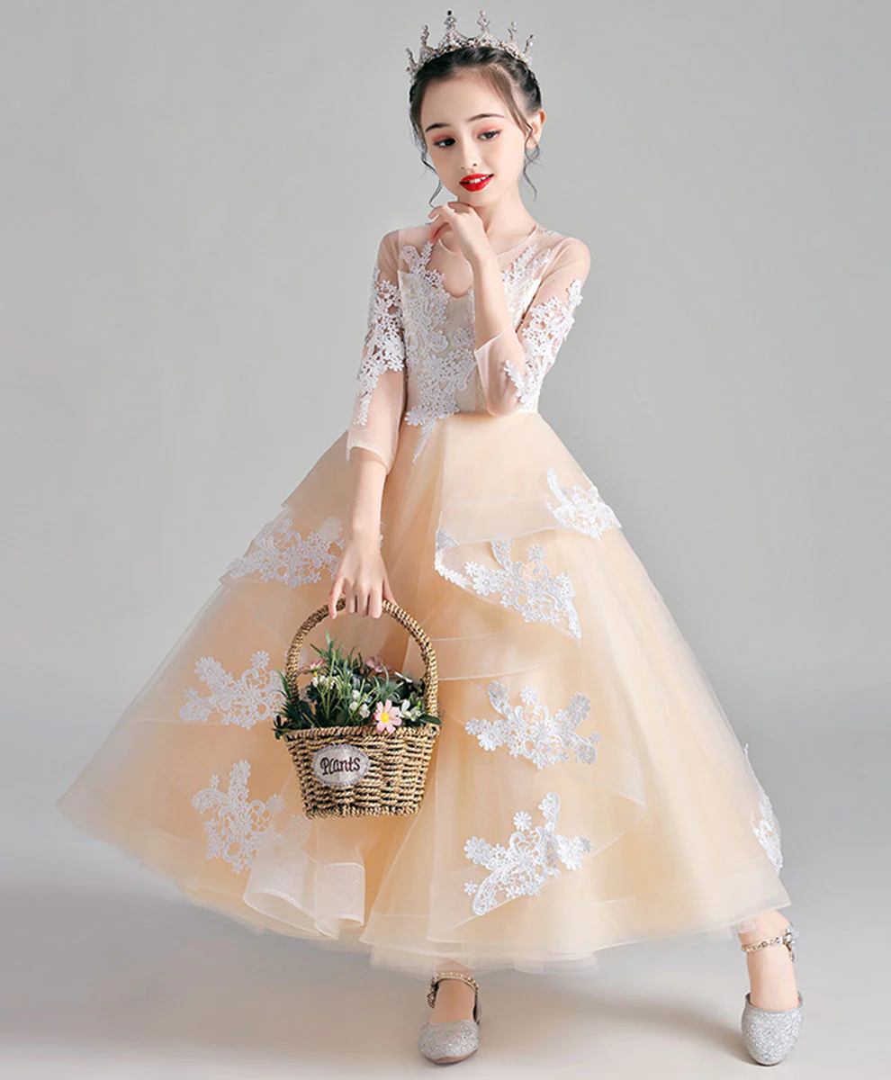 Champagne Round Neck Tulle Lace Flower Girl Dress - Deanwangkt