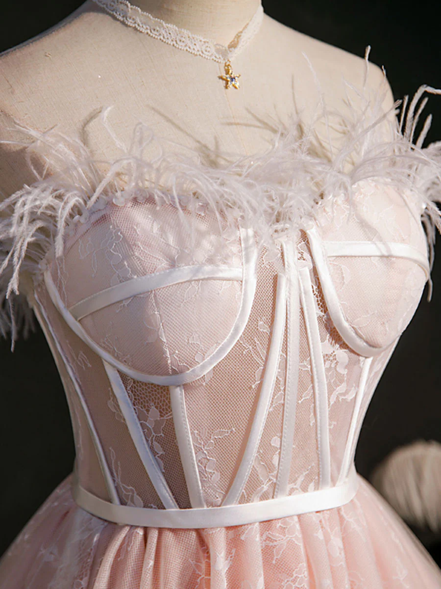 Pink Sweetheart Neck Tulle Lace Short Prom Dress, Puffy Pink Homecoming Dress - Deanwangkt