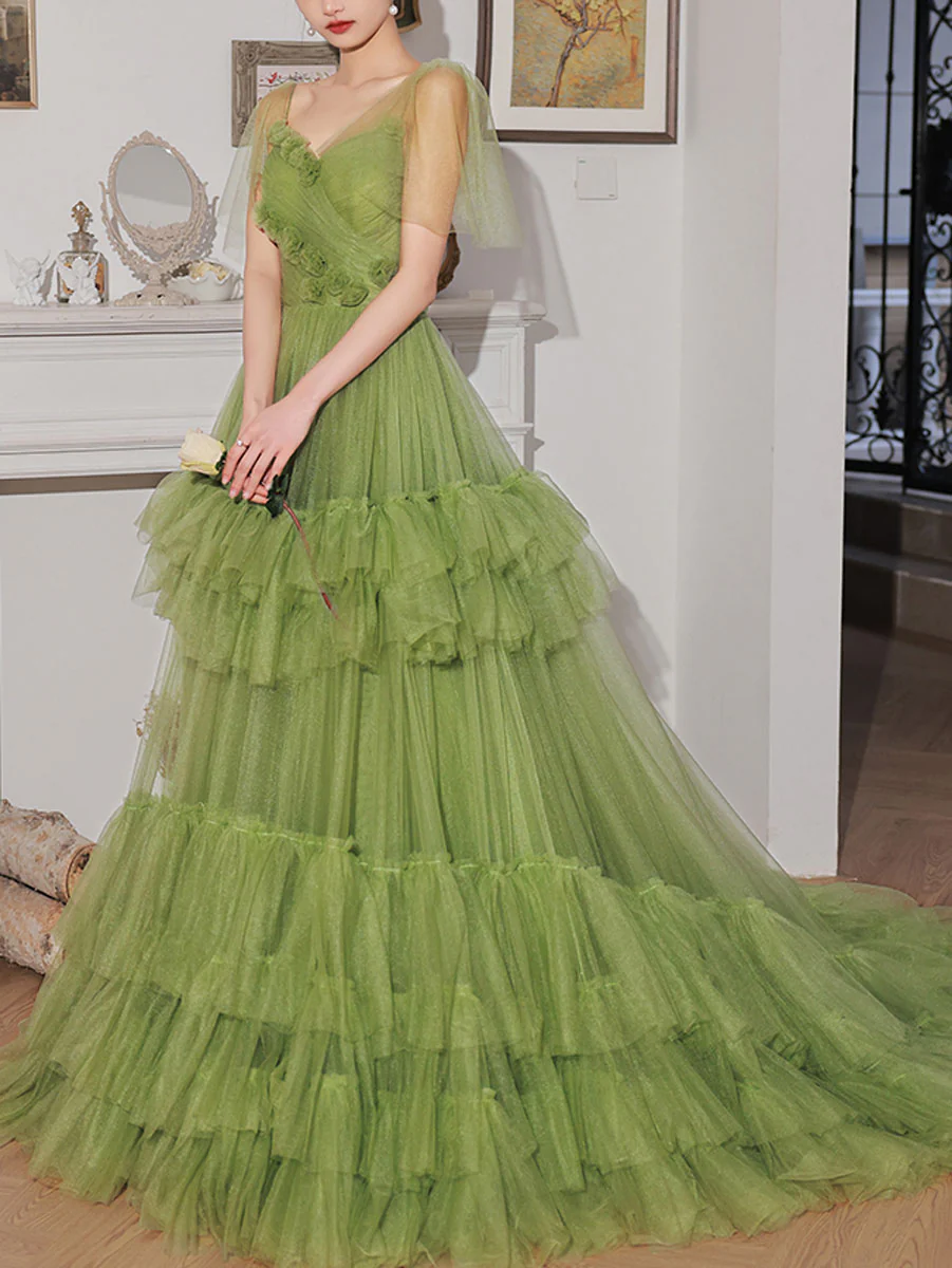 Green V Neck Tulle Long Prom Dress, Green Tulle Formal Dresses - Deanwangkt