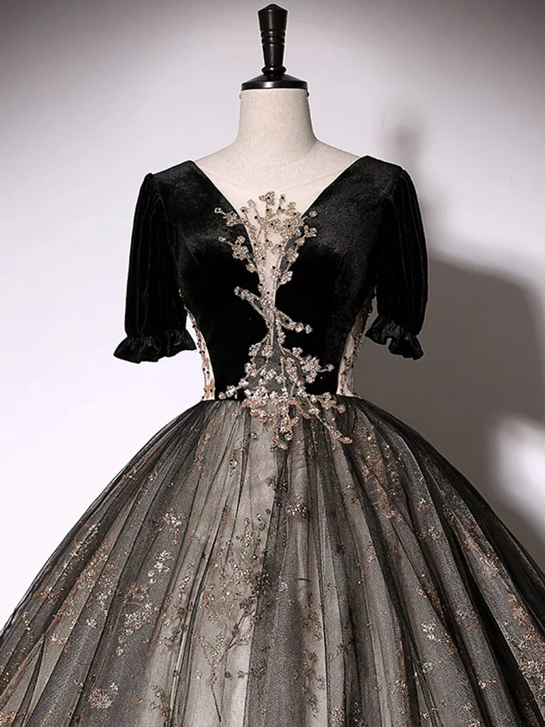 Black A-Line Tulle Lace Long Prom Dress, Black Lace Formal Dress - Deanwangkt