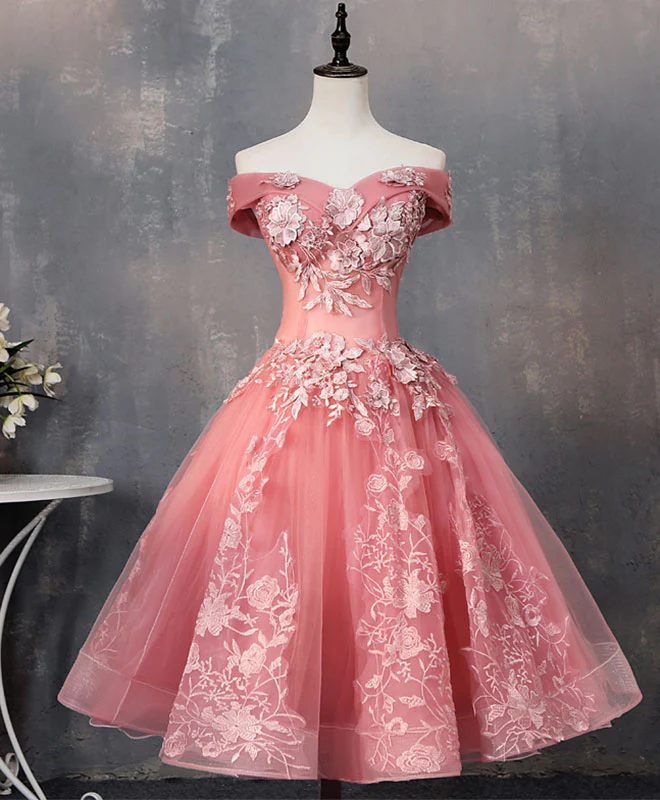 Pink Tulle Lace Off Shoulder Short Prom Dress Pink Homecoming Dress - Deanwangkt
