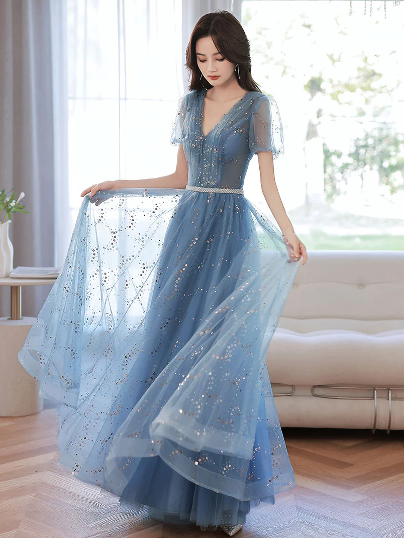 Blue V Neck Tulle Tea Length Prom Dress, Blue Tulle Formal Evening Dress - Deanwangkt