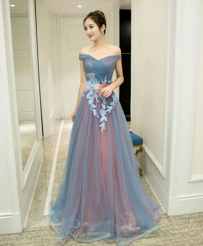 Gray Blue Tulle Off Shoulder Long Prom Dress, Gray Blue Evening Dress - Deanwangkt