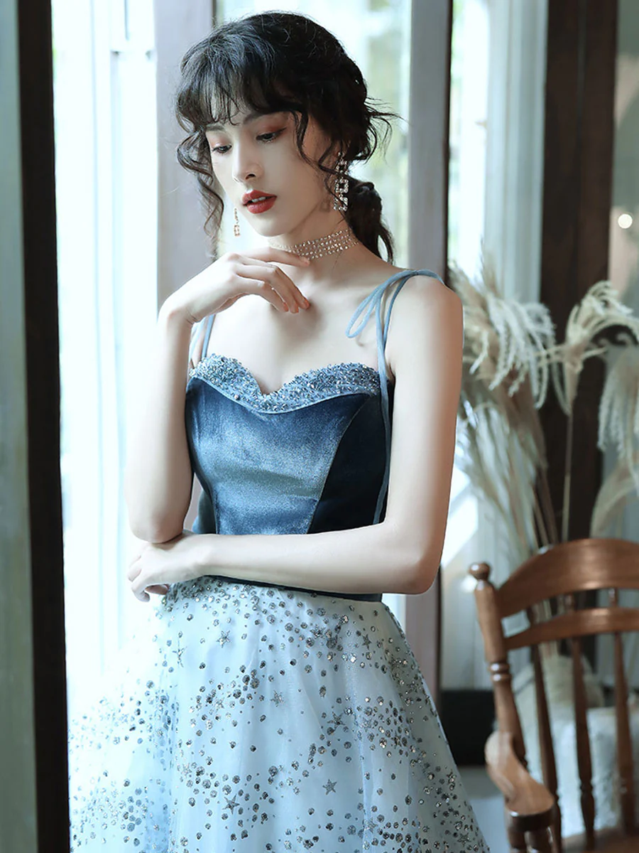 A line Blue Tulle/Velvet Long Prom Dress, Tulle Blue Graduation Dress With Beading Sequin - Deanwangkt