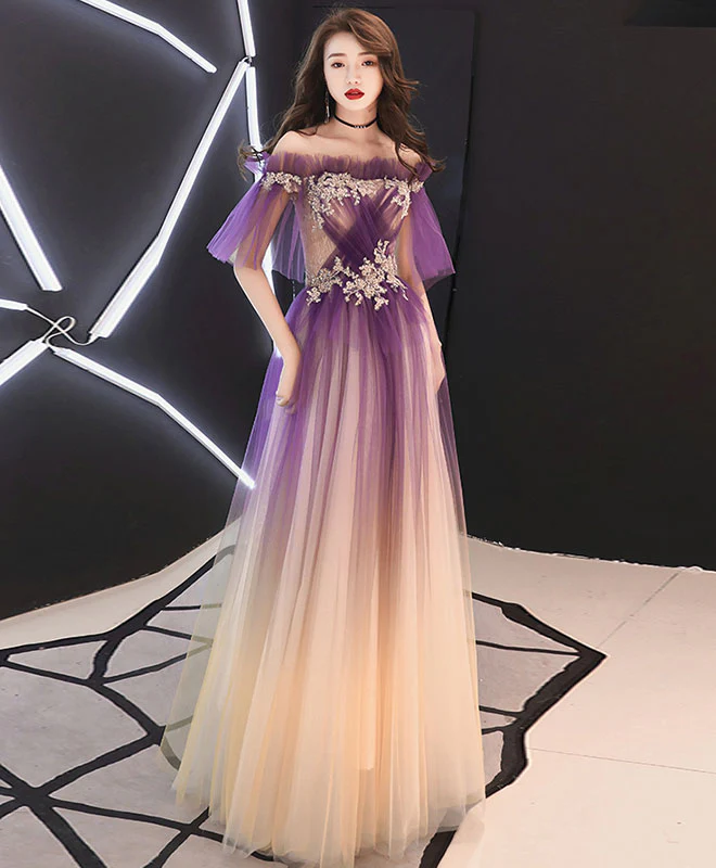 Elegant Tulle Lace Long Prom Dress Purple Tulle Evening Dress - Deanwangkt