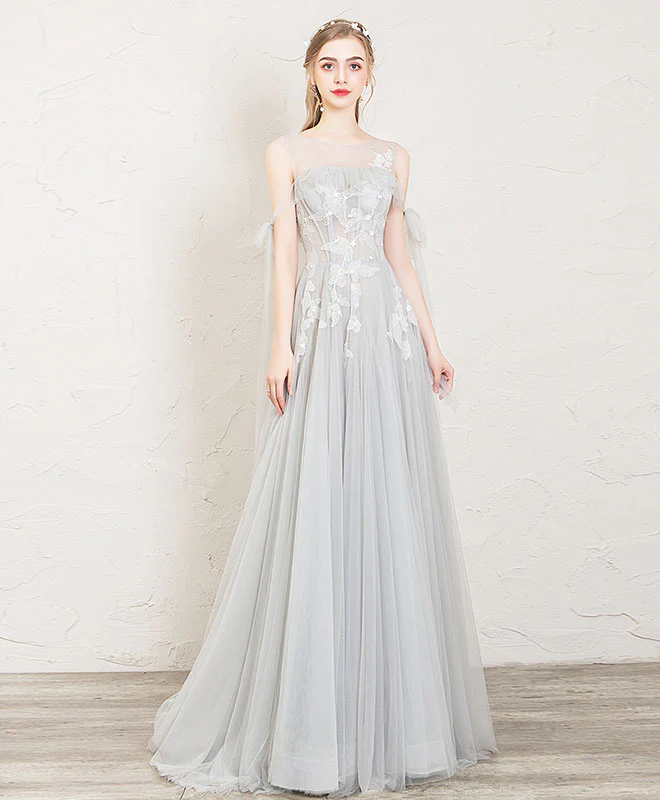 Gray Round Neck Tulle Lace Long Prom Dress, Gray Evening Dress - Deanwangkt