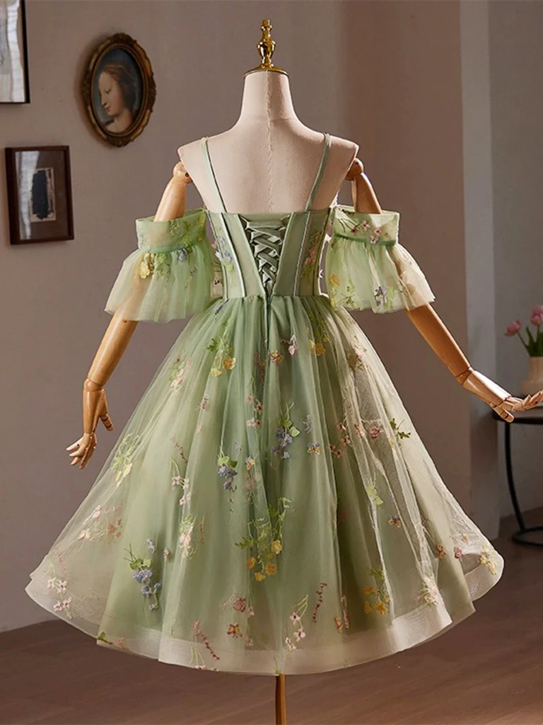 A-Line Off Shoulder Sweetheart Neck Tulle Lace Green Short Prom Dress - Deanwangkt
