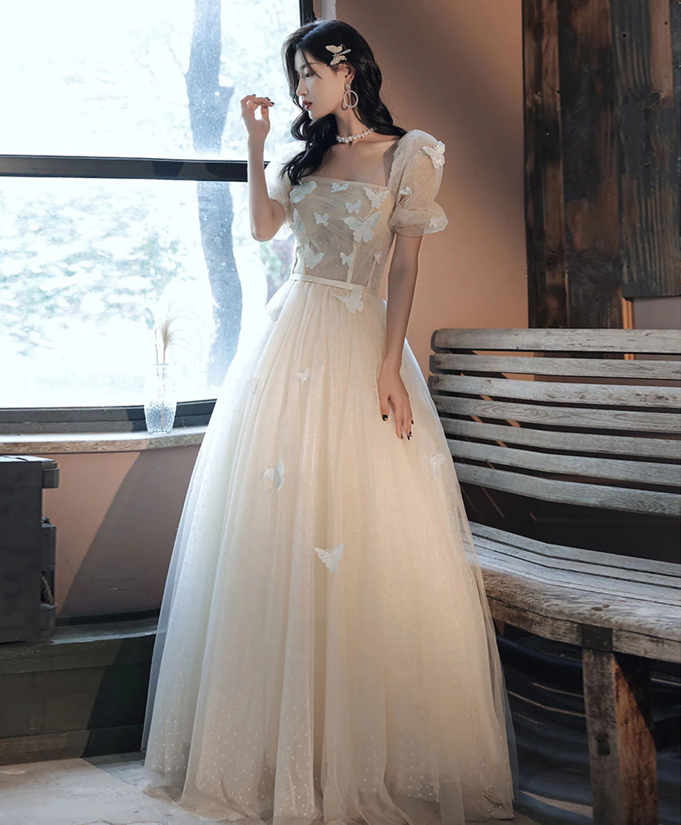 Light Champagne Tulle Long Prom Dress, Light Champagne Evening Dress - Deanwangkt