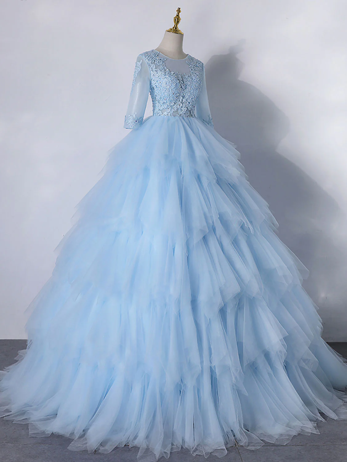 Blue A-Line Tulle Lace Long Prom Dress, Blue Lace Formal Evening Dresses - Deanwangkt