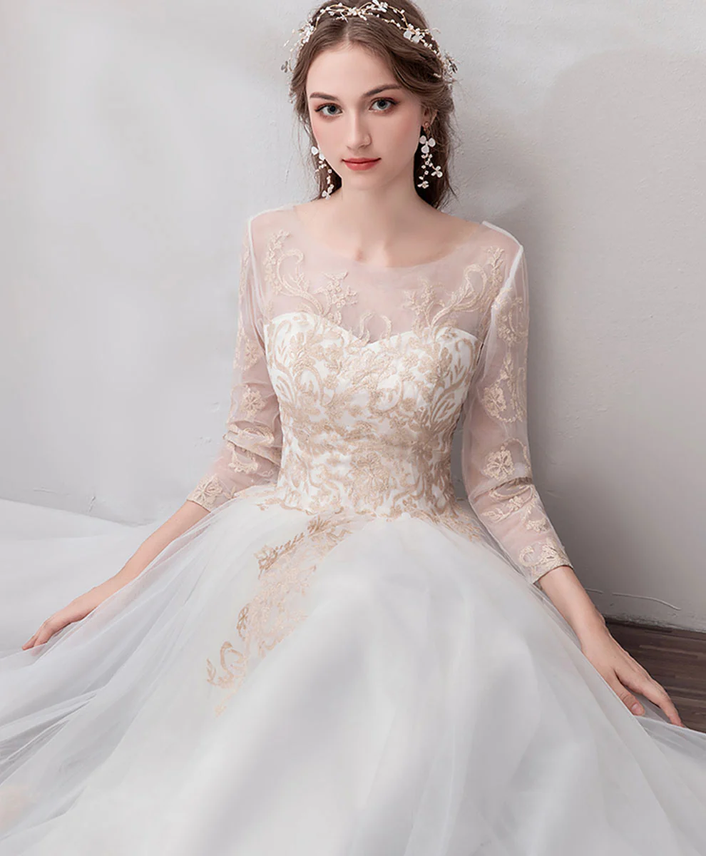 White Round Neck Tulle Lace Long Prom Dress Lace Formal Dress - Deanwangkt