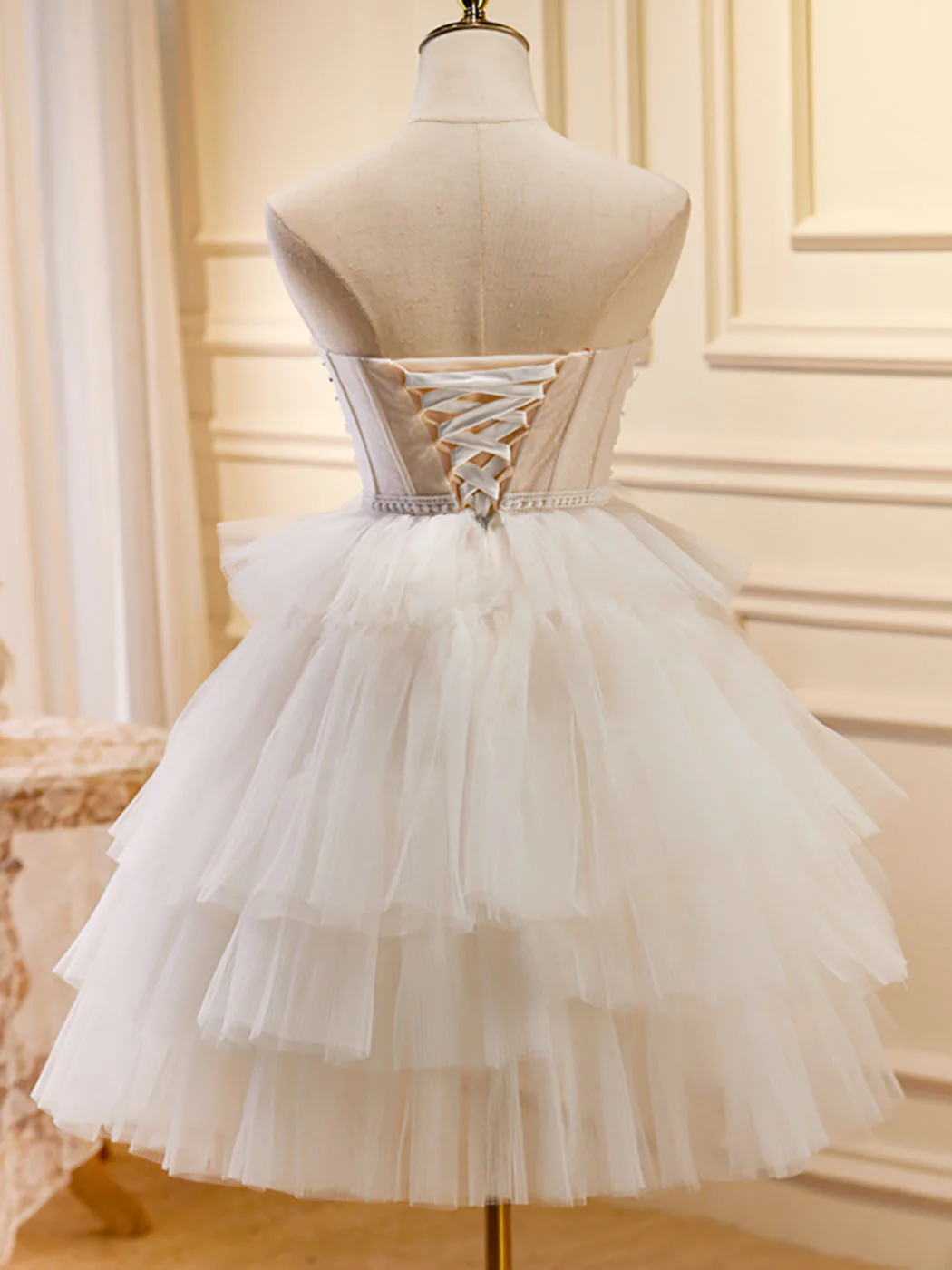 Beige Sweetheart Neck Tulle Puffy Short Prom Dress, Beige Homecoming Dress - Deanwangkt
