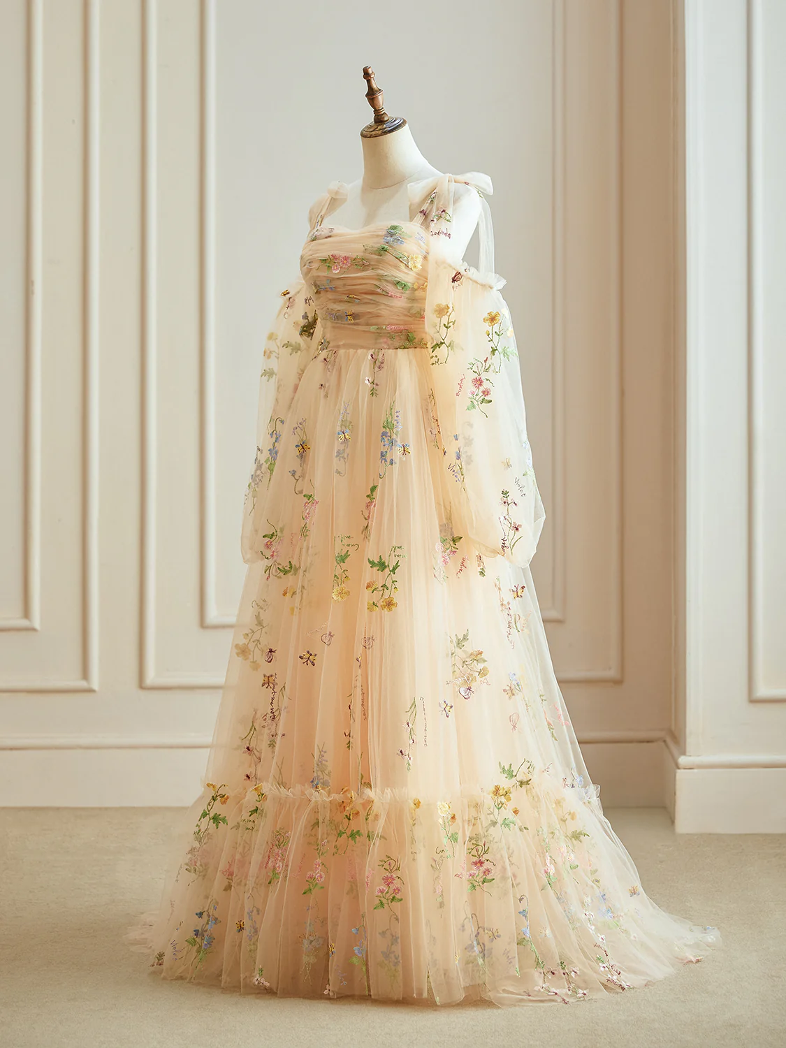 A-Line Champagne Tulle Lace Long Sleeves Prom Dress, Champagne Long Evening Dress - Deanwangkt