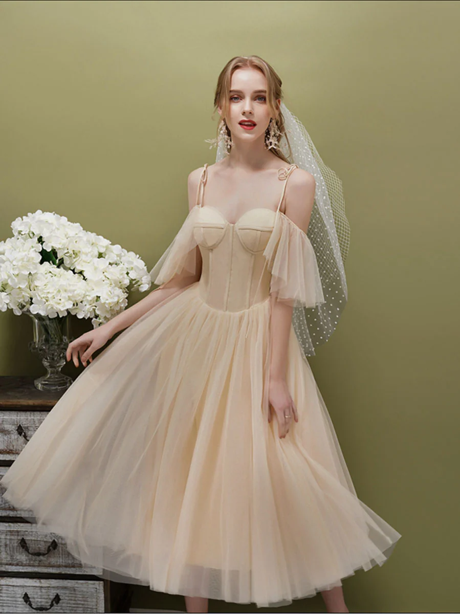 Simple A-line Champagne Tulle Short Prom Dress, Champagne HDRomecoming dress - Deanwangkt