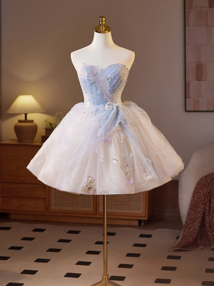A-Line Sweetheart Neck Tulle Blue Short Prom Dress, Blue Homecoming Dress - Deanwangkt