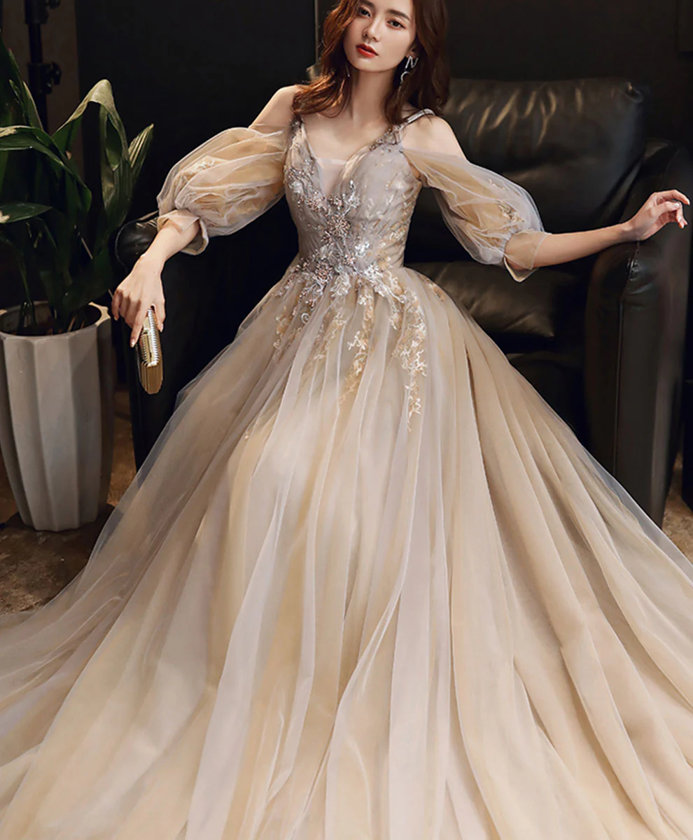 Champagne v neck tulle lace long prom dress champagne formal dress - Deanwangkt