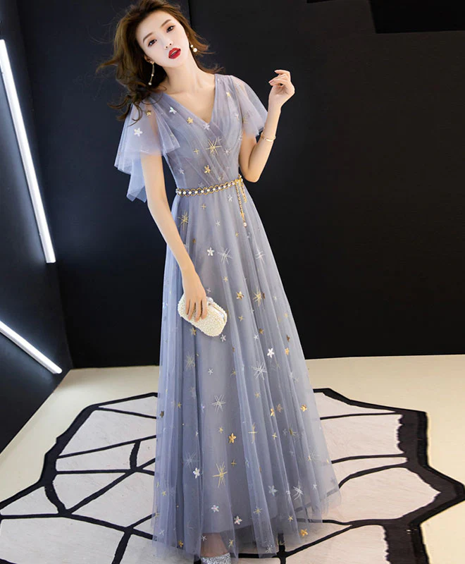 Blue Aline Tulle Long Prom Dress, Blue Tulle Bridesmaid Dress - Deanwangkt