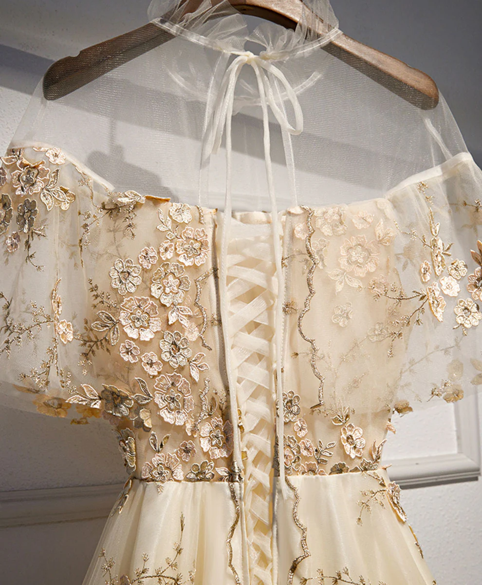 Aline Champagne Tulle Lace Long Prom Dress, Champagne Formal Dress - Deanwangkt