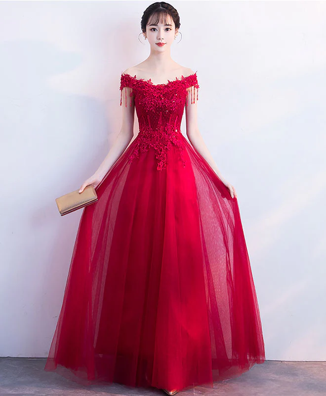 Burgundy V Neck Tulle Lace Long Prom Dress, Burgundy Tulle Bridesmaid Dress - Deanwangkt