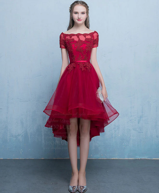 Burgundy Tulle Lace Short Prom Dress, Burgundy Homecoming Dress - Deanwangkt