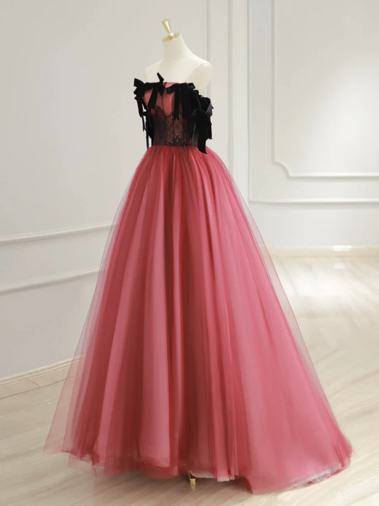 A-Line Tulle Watermelon Red Long Prom Dress, Watermelon Red Tulle Long Formal Dress - Deanwangkt