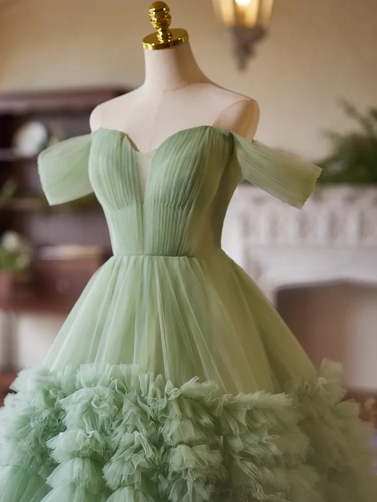 A-Line off Shoulder Tulle Green Long Prom Dress, Green Sweet 16 Dress - Deanwangkt