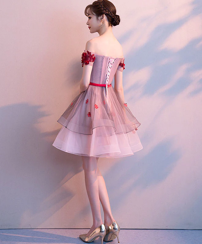 Pink Tulle Lace Short Prom Dress, Pink Tulle Homecoming Dress - Deanwangkt