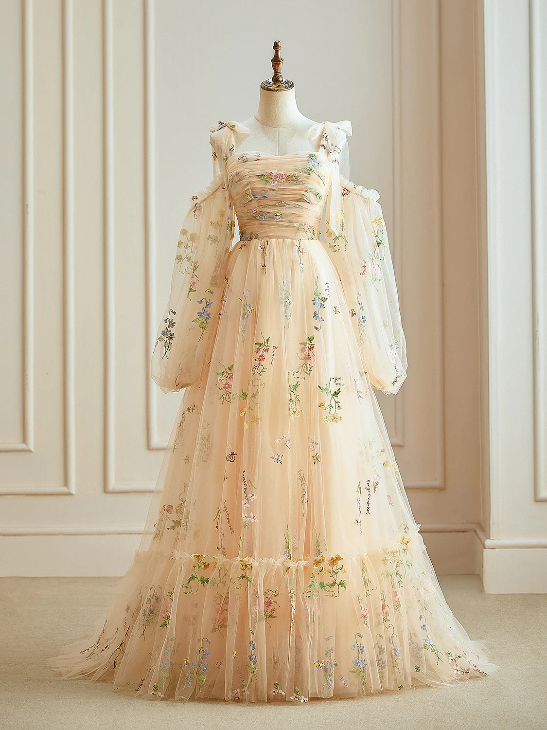 A-Line Champagne Tulle Lace Long Sleeves Prom Dress, Champagne Long Evening Dress - Deanwangkt