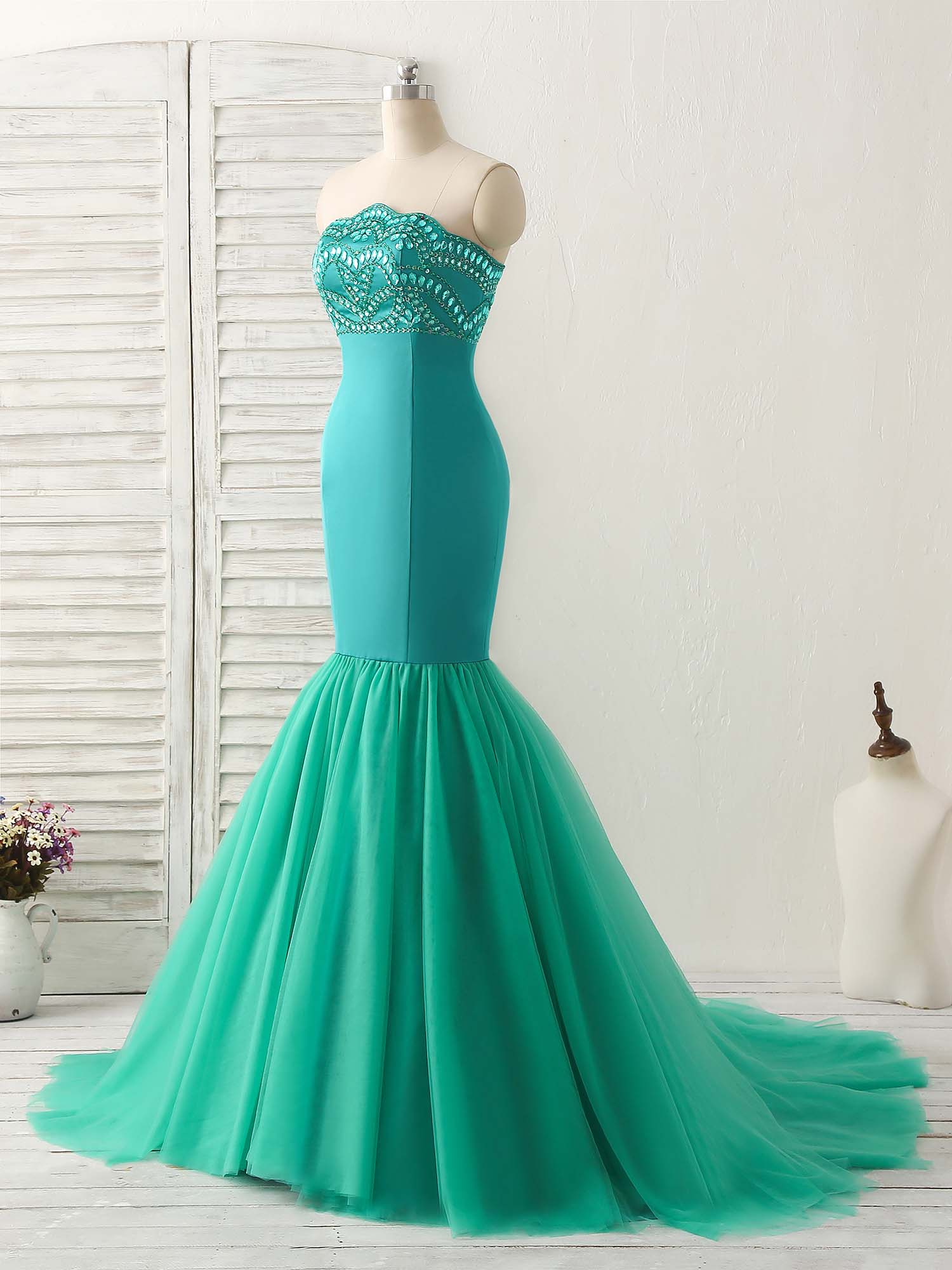 Green Tulle Mermaid Long Prom Dress Green Evening Dress - Deanwangkt