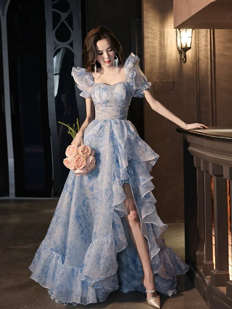 A-Line Off Shoulder Tulle Blue Long Prom Dress, Blue Long Formal Dress - Deanwangkt