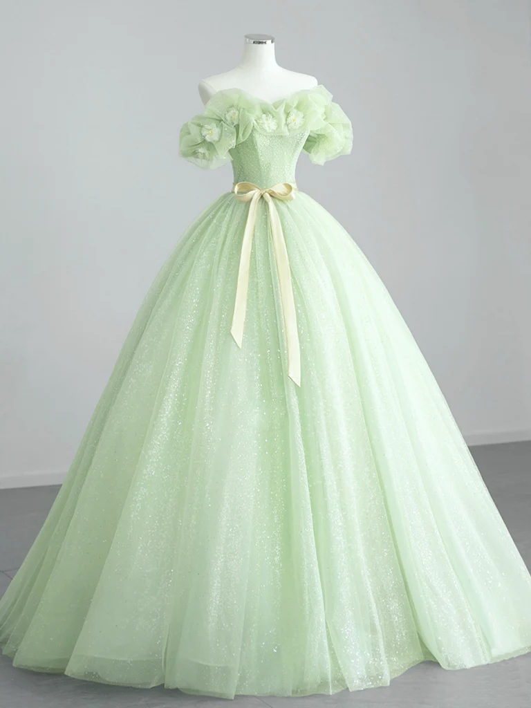 A-Line Off Shoulder Tulle Green Long Prom Dress, Green Sweet 16 Dress - Deanwangkt