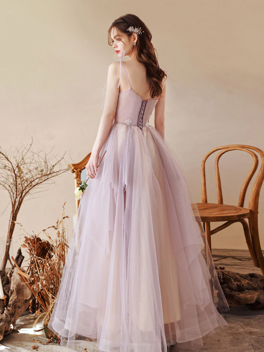 Unique Tulle Lace A line Long  Light Purple Prom Dresses,  Tulle Formal Graduation Dresses - Deanwangkt