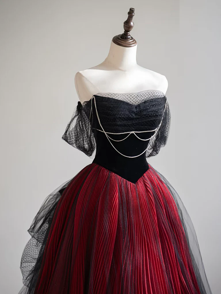 A-Line Off Shoulder Tulle Black/Burgundy Long Prom Dress - Deanwangkt