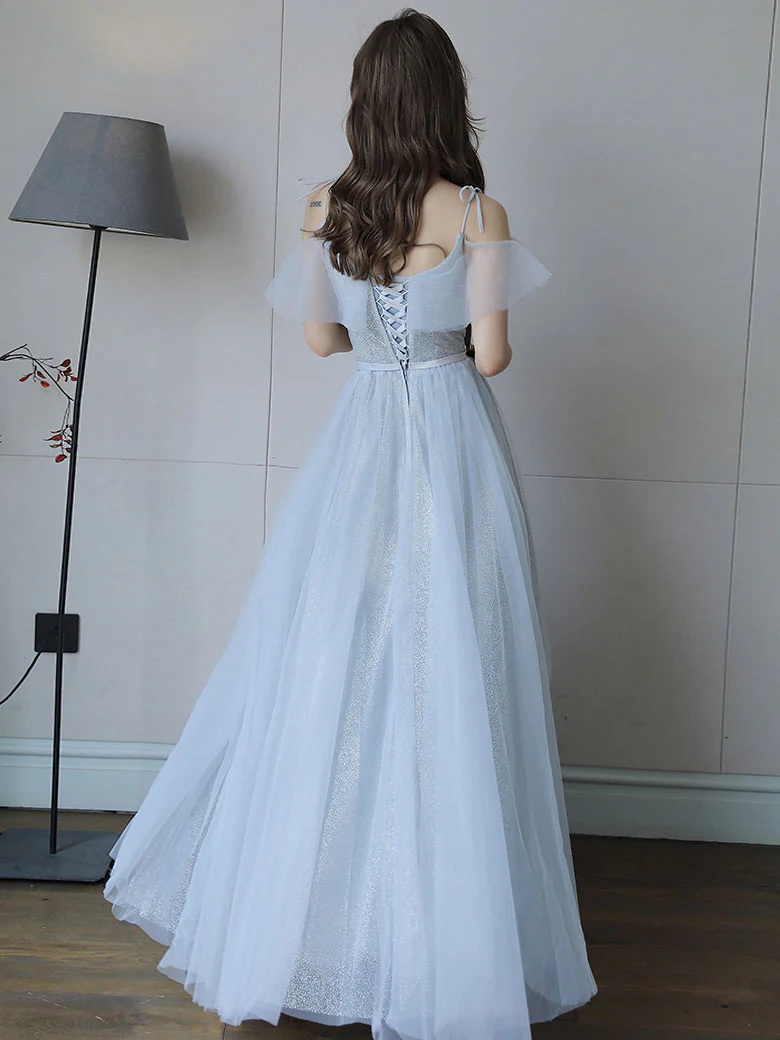 Simple Light Blue Tulle Lace Long Prom Dress, Lace Long Bridesmaid Dress - Deanwangkt