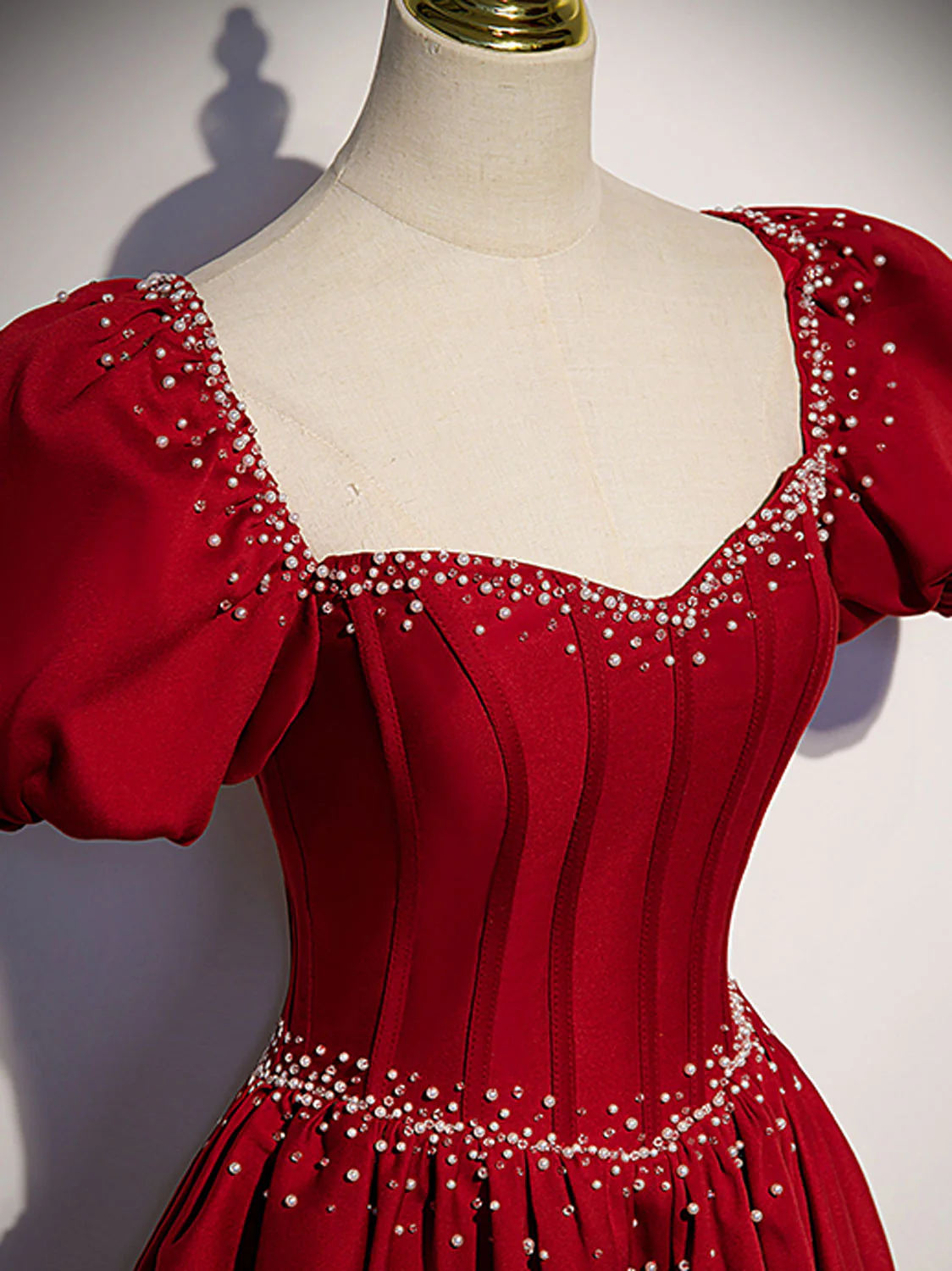 Burgundy Satin Beads Long Prom Dresses, Burgundy Long Formal Dresses - Deanwangkt